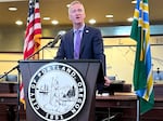 Portland Mayor Ted Wheeler, shown speaking at Portland City Hall in this Sept. 14, 2023 file photo, argued in Wednesday night's council meeting that the city doesn't have time to wait for the U.S. Supreme Court to weigh in on municipal camping policies.
