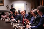 President Trump delivers remarks during his first Cabinet meeting of his second term at the White House on Feb. 26, in Washington, D.C. The meeting includes Tesla and SpaceX CEO Elon Musk, head of a Trump administration team called the Department of Government Efficiency.
