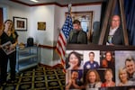 Rachel Crafton, left, wife of Casey Crafton, and Dailey Crafton, center, brother of Casey Crafton who perished on American Eagle flight 5342, are joined by Doug Lane, right, whose wife Christine Conrad Lane and son Spencer Seojin Lane also died on the same flight, prepare to talk with reporters Wednesday following a news conference regarding a lawsuit over the Jan. 29, 2025, mid-air collision between American Eagle flight 5342 and a U.S. Army Black Hawk Helicopter.