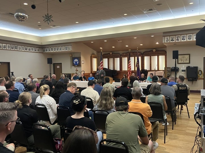 Deschutes County Sheriff’s Office Capt. Ty Rupert speaks at the Deschutes County Sheriff’s Association candidate forum on July 7, 2025.