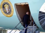 President Biden boards Air Force One using the short stairs on Aug. 26, 2023 after a vacation in Lake Tahoe, Nev.