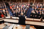 President Donald Trump addresses a joint session of Congress at the Capitol in Washington, Tuesday, March 4, 2025. Lori Chavez-DeRemer, nominated for labor secretary, was sitting in the front row (far left) during Trump’s address, beside other members of the president’s cabinet.