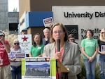 Eugene Mayor Lucy Vinis speaks in front of PeaceHealth University District hospital in Eugene, Ore., in this Sept. 11, 2023 file photo. Vinis announced last year she did not intend to run for a third term.