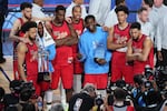 USA Stars pose for photos after a win over USA Stripes in the NBA All-Star basketball game Sunday, Feb. 15, 2026, in Inglewood, Calif.