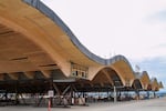 The $125 million, nine-acre wooden roof that will cover Portland International Airport's expanded main terminal, pictured July 5, 2022. The roof was built on the airfield and will be moved to the terminal in sections.