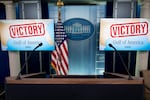 Screens display a "Victory" message on a map with a Gulf of America label in the Brady Press Briefing Room at the White House on February 24. 