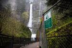 "Closed" signs mark off parts of Multnomah Falls, April 13, 2018.