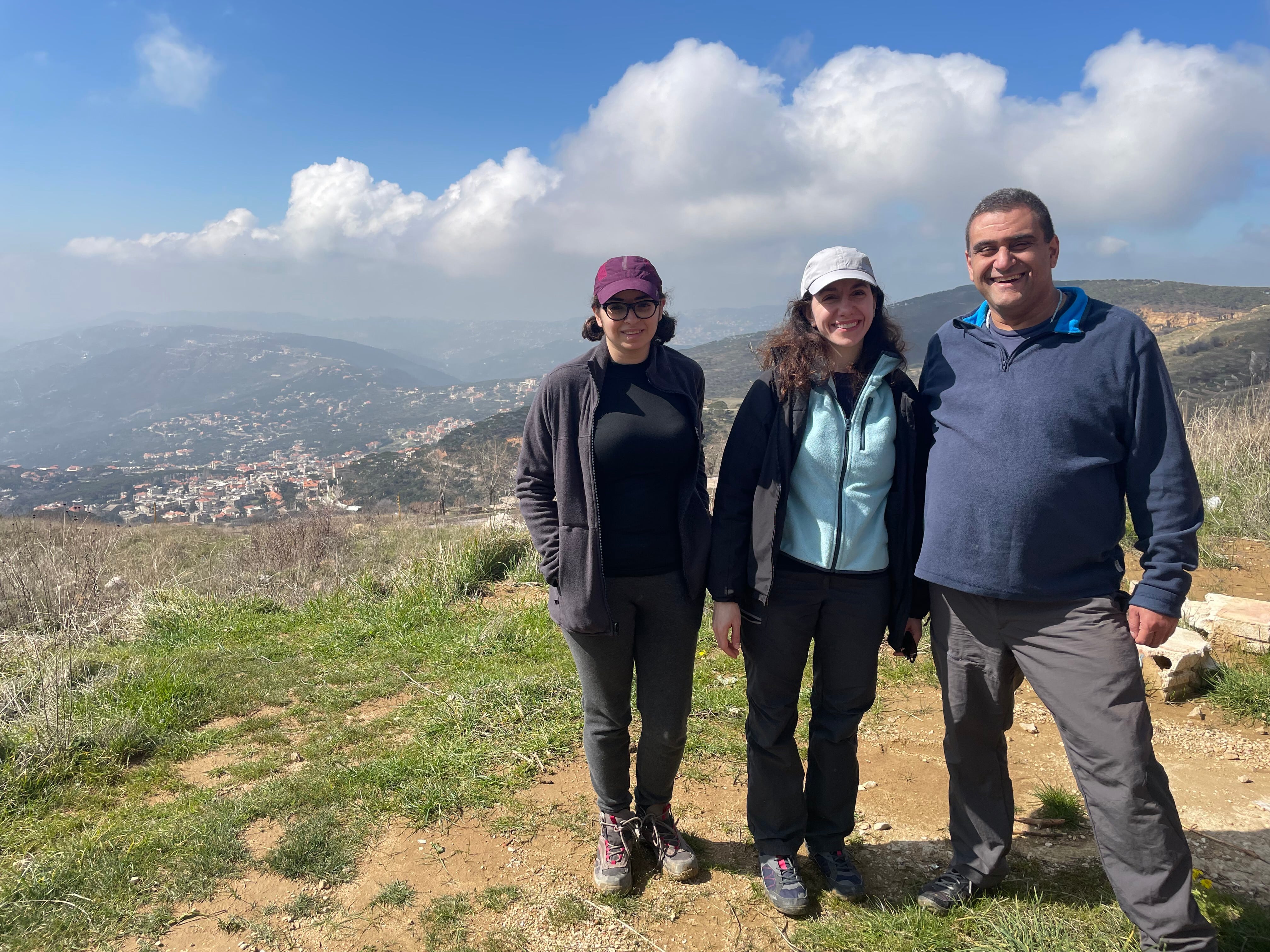 Paleo-entomologist Marina Hakim (left), geologist Sibelle Maksoud, and paleontologist Dany Azar stand atop a slope in central Lebanon on a recent trip to search for ancient amber inclusions.