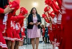 Portland Public Schools Superintendent Kimberlee Armstrong is greeted by the drill team at Dr. Martin Luther King Jr. Elementary School, June 5, 2024, in Portland, Ore.