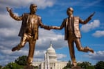 A statue of President Trump and disgraced financier Jeffrey Epstein holding hands returned to the National Mall in full view of the U.S. Capitol.