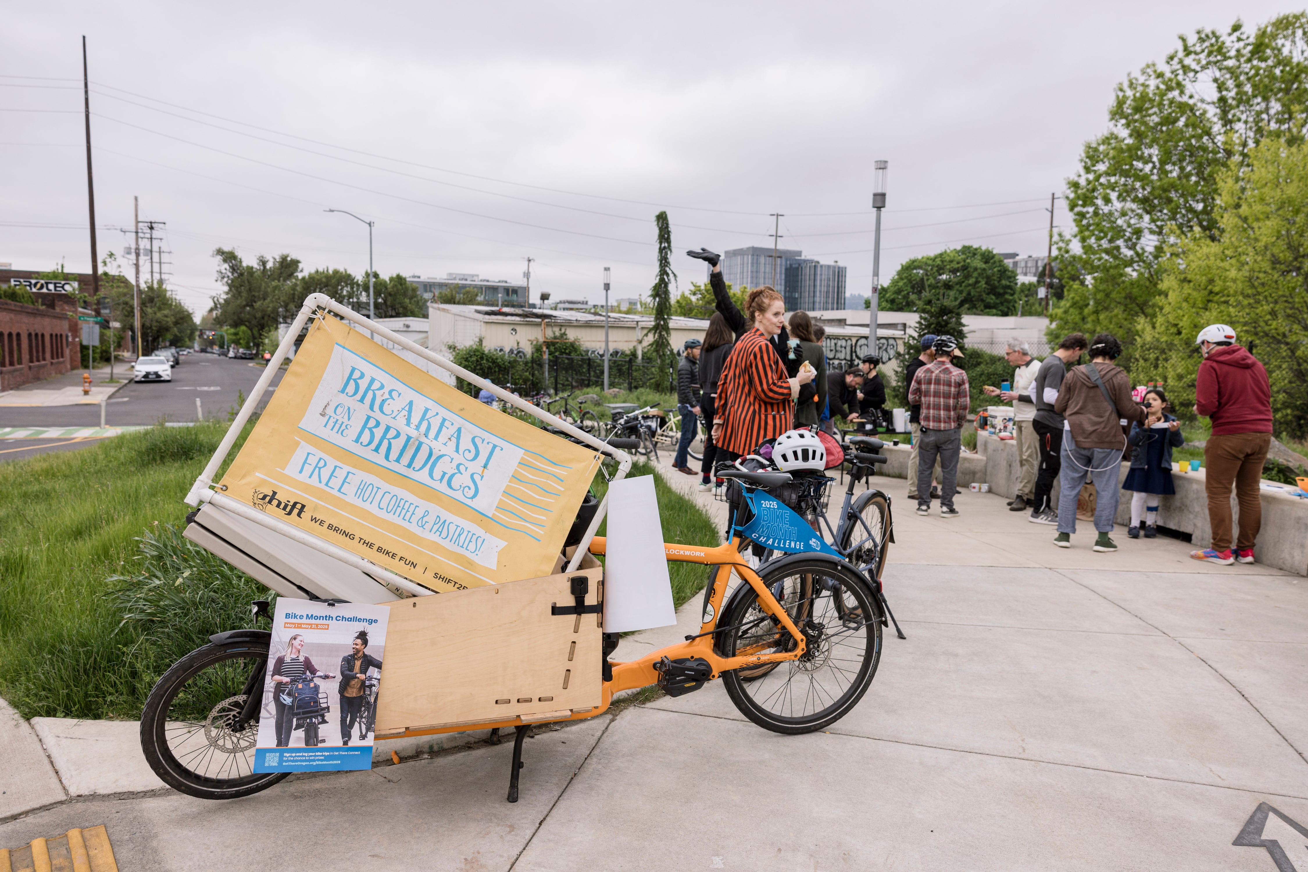 The supplies for Breakfast on the Bridges — everything from tables, signs, coffee cups and griddles — are hauled out by cargo bikes and bike trailers.
