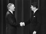 President Reagan and Democratic candidate for President, Walter Mondale, shake hands as they greet one another before the start of their debate in Louisville, Ky., on Oct. 7, 1984. 