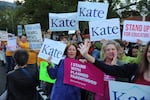 Supporters of Gov. Kate Brown demonstrate in Portland outside of the third and final gubernatorial debate of the 2018 campaign.