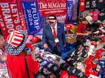 A vendor sells 2024 Donald Trump campaign souvenirs at the Turning Point Action USA conference in West Palm Beach, Florida, on July 15, 2023.