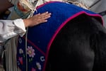 A beaded saddle blanket on Dreamer, Happy Canyon Princess MyaLin Mills’ horse, at the Round-Up on Friday.