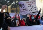 The Taliban has a history of supporting the use of stoning as a punishment for "moral crimes" — reiterated in a statement this year by their supreme leader. Above: In 2015, Afghan Solidarity members gather in Kabul to protest Taliban militants who stoned an Afghan woman to death in the Taliban-controlled area outside Firozkoh, the capital of central Ghor province. She was accused of adultery.