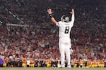 Oregon quarterback Dylan Raiola celebrates a touchdown during the second half of an NCAA college football game against Southern California, Saturday, Sept. 26, 2026, in Los Angeles.