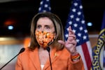Speaker of the House Nancy Pelosi, D-Calif., meets with reporters at the Capitol in Washington, Thursday, Oct. 8, 2020. Negotiations between Pelosi and Treasury Secretary Steven Mnuchin for an additional coronavirus aid package were abruptly halted last week by President Donald Trump.