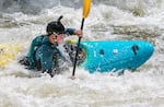 Hoopa Valley Tribal member Julian Rogers, 16, paddles through a rapid in Kikacéki Canyon on the Klamath River, June 22, 2025. Rogers is a participant in Paddle Tribal Waters, a program that trained Indigenous youth for several years to be the first group of people to paddle the free-flowing Klamath from source to sea.