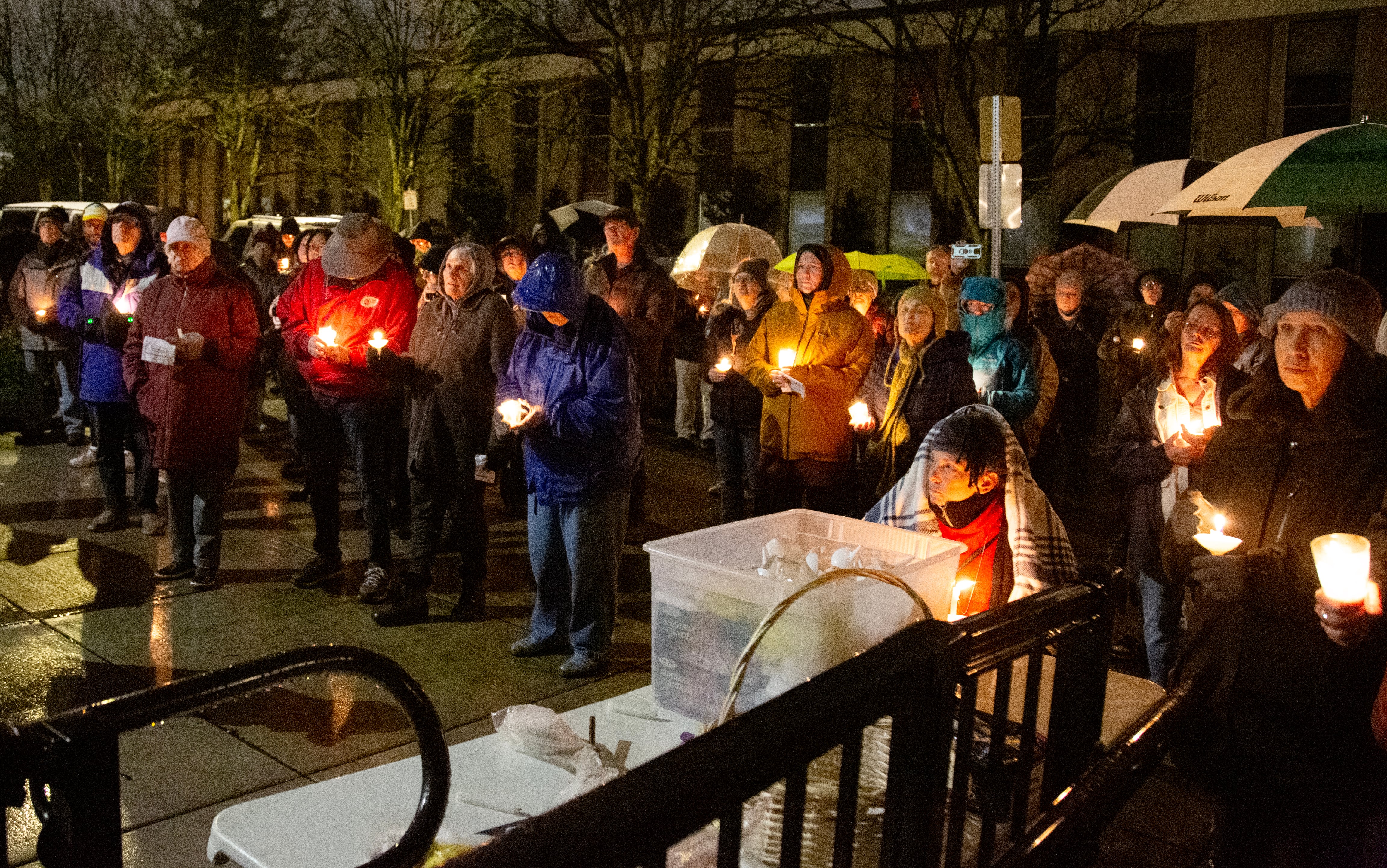 A crowd gathers outside St. Paul Lutheran Church in Vancouver on Dec. 21, 2025 for the homeless persons memorial.