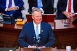 Idaho Gov. Brad Little delivers his 2023 State of the State address at the Idaho State Capitol in Boise in January. A new law allows executions by firing squad if no lethal injection drugs are available.