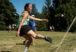 Caroline Birch competes in open women's doubles at the U.S. Open Footbag Tournament in West Linn, Ore. on June 13, 2026.
