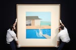 Hockney's 1966 The Splash is unveiled at Sotheby's on Feb. 7, 2020 in London. He followed it with A Bigger Splash in 1967.