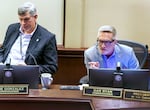 Portland City Council Commissioners Rene Gonzalez and Dan Ryan listen to testimony at Portland City Hall. 