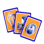 Three playing cards hang in the air. One with a coin, one with a dollar, and one with a school.