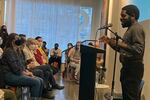 Hanif Abdurraqib speaking at Literary Arts' event space in September 2022. This event was part of a partnership with Alano Club of Portland and their Artists in Recovery series.