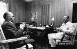 Israeli Prime Minister Menachem Begin (from left), Carter, and Egyptian President Anwar Sadat begin their second day of peace talks at Camp David, Md., in September 1978. The secret meetings at the presidential retreat resulted in the Camp David Accords, which established a framework for peace between Egypt and Israel. 