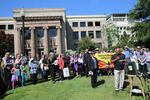 Isidro Andrade Tafolla, who was briefly detained by ICE outside the Washington County Courthouse in 2017, spoke to a crowd gathered outside the courthouse on Monday. 