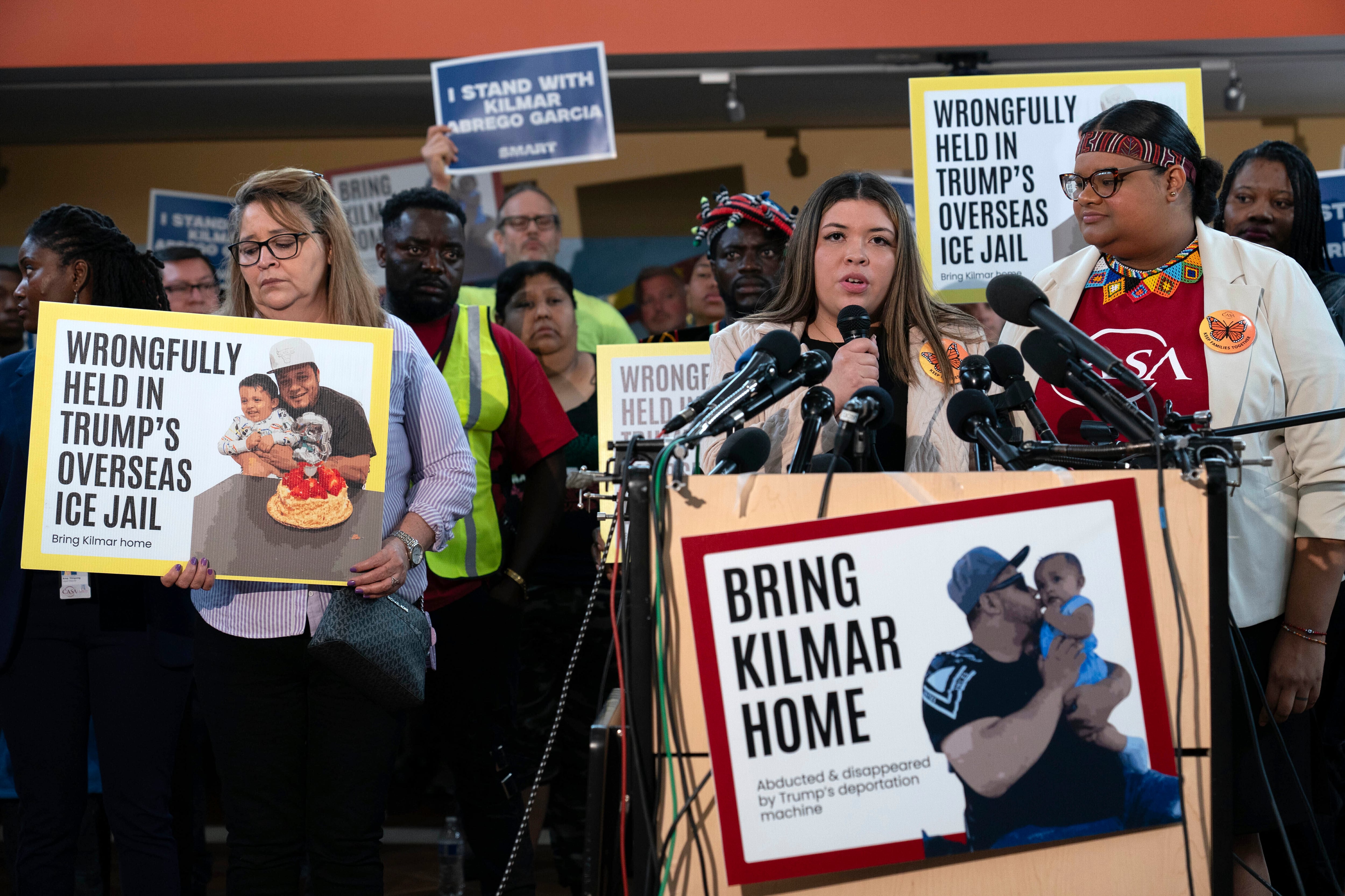 FILE - Jennifer Vasquez Sura, the wife of Kilmar Abrego Garcia of Maryland, who was mistakenly deported to El Salvador, speaks during a news conference at CASA's Multicultural Center in Hyattsville, Md., April 4, 2025.