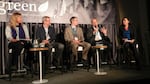 Ann Radil of Nike, left, led a panel discussion with, left to right, John Harland of Intel Corporation, Michael Armstrong of the City of Portland, Justin Zeulner of the Portland Trail Blazers and Demi Espinoza of the Coalition of Communities of Color.