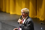 U.S. Rep. Cliff Bentz, R-Ontario, addresses the crowd Feb. 19, 2025, at his town hall in McKenzie Theater at Eastern Oregon University in La Grande, Ore. The anger and frustration from the audience was palpable as members of the crowd booed and shouted at Bentz throughout the meeting.