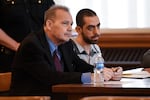 Hadi Matar (right) and public defender Nathaniel Barone listen to Chautauqua County Judge David Foley's sentence in Chautauqua County court in Mayville, N.Y., on Friday.