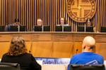 From left, Councilors Sameer Kanal, Dan Ryan, Elana Pirtle-Guiney, and Tiffany Koyama Lane listen to testimony from City of Portland Professional Workers Union members, Feb.  5, 2025, Portland, Ore.