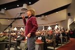 A woman asks a question of Rep. Greg Walden, R-Ore., in Bend on Jan. 19, 2019.