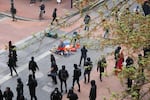 Portland Police clashed with the "black bloc" outside the Pioneer courthouse mall where the anarchists lit a fire, May 1, 2017.