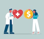 An illustration shows a person in a white coat holding a heart symbol and another person holding a coin symbol.
