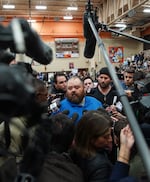 East Palestine Mayor Trent Conaway talks to reporters during a contentious community meeting on Feb. 15, 2023, about the fiery, toxic train derailment that occurred in the Ohio community earlier that month. Full story here.