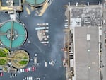 An undated aerial shot of cars parked at the Nippon Dynawave pulp and paper mill, where a chemical tank ruptured on May 28, 2026, in Longview, Wash.