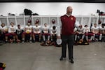 Central Catholic Rams head coach Steve Pyne reminds the team of their hard work and dedication throughout the season. “I’m not going to scream at you to motivate you,” he said. “You just have to play like champions for 48 minutes.” The Central Catholic Rams played the Lake Oswego Lakers at Hillsboro Stadium in Hillsboro, Oregon, on Dec. 7, 2019. The Rams defeated the Lakers 49-28.