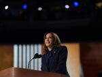 Democratic presidential candidate, U.S. Vice President Kamala Harris speaks on stage during the final day of the Democratic National Convention.