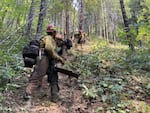 Firefighters are challenged by down steep and rugged terrain on the Ore Fire.