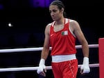 Algeria's Imane Khelif, reacts after defeating Italy's Angela Carini in their women's 66kg preliminary boxing match at the 2024 Summer Olympics, Thursday, in Paris.