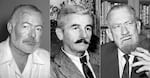 This combination of photos show authors Ernest Hemingway in 1950, left, William Faulkner in 1950, center, and John Steinbeck in 1962.