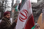 Protesters gathered in front of Pioneer Courthouse in Portland, Ore., on Feb. 28, 2026, to speak out against American military actions in Iran. The U.S. fired multiple missiles into Iran, killing hundreds, including Iran's leader, Ayatollah Ali Khameini.