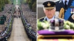 Left: The procession following the coffin of Queen Elizabeth II, aboard the State Hearse, travels up The Long Walk in Windsor on Sept. 19. Right: Britain's King Charles III walks behind the coffin of Queen Elizabeth II, during a procession from Buckingham Palace to the Palace of Westminster, in London on Sept. 14.