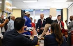 President Biden greets people at CJ's Cafe in Los Angeles, Calif., on Feb. 21, 2024.